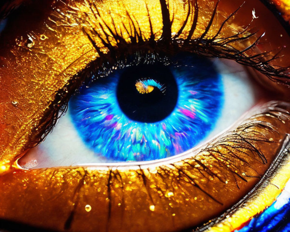 Detailed Close-Up of Vibrant Blue Iris with Golden Eyeshadow and Mascara