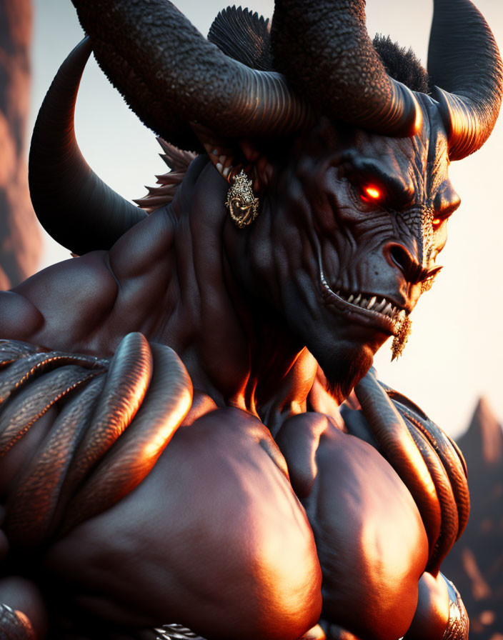 Red-eyed demon with sharp horns and fiery background