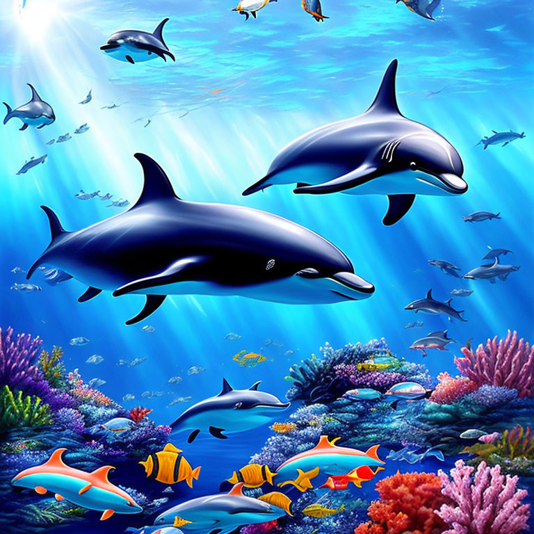 Colorful underwater scene with dolphins, fish, and coral reefs in clear blue waters