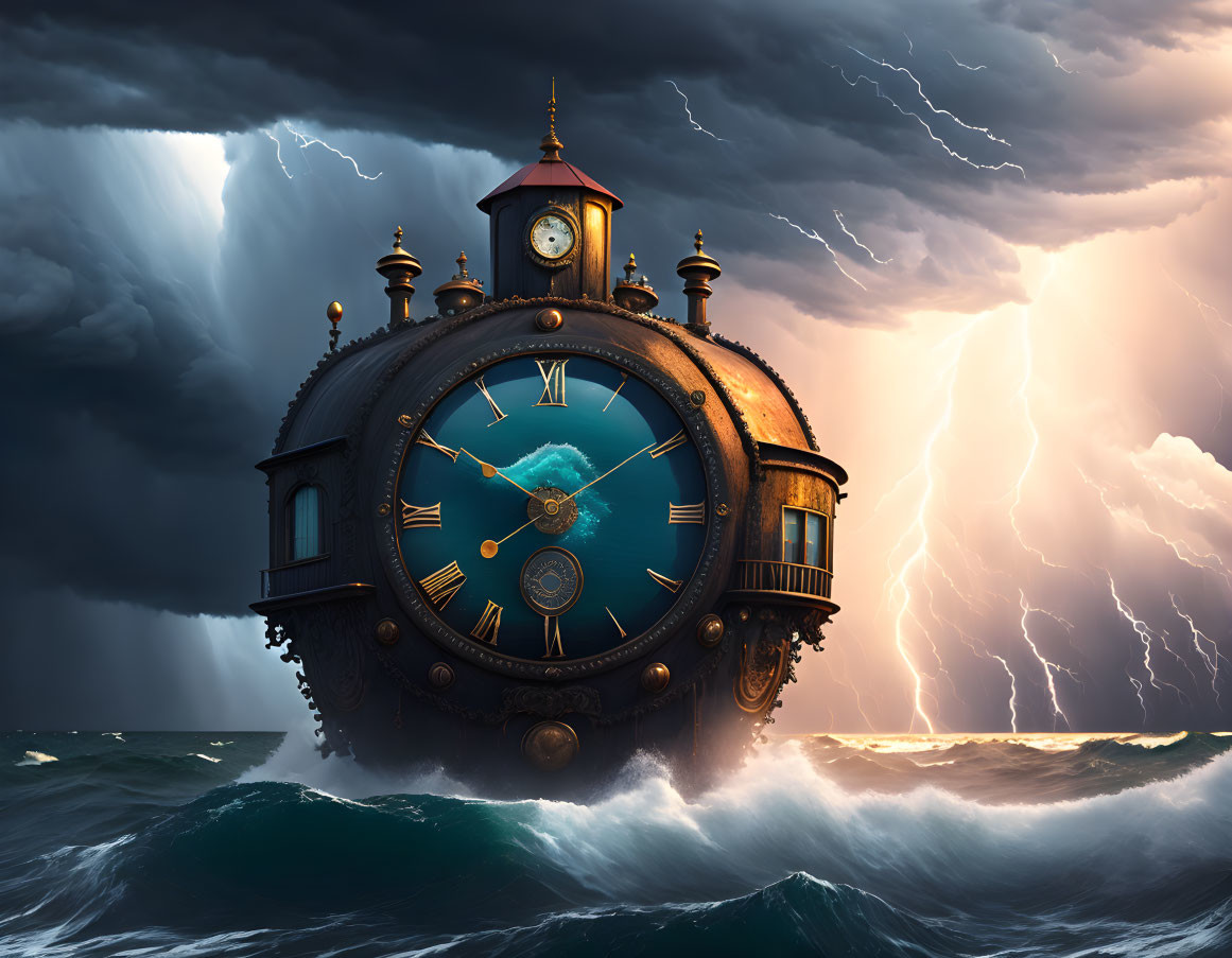 Clock-like structure floating on stormy seas under dark, lightning-streaked sky