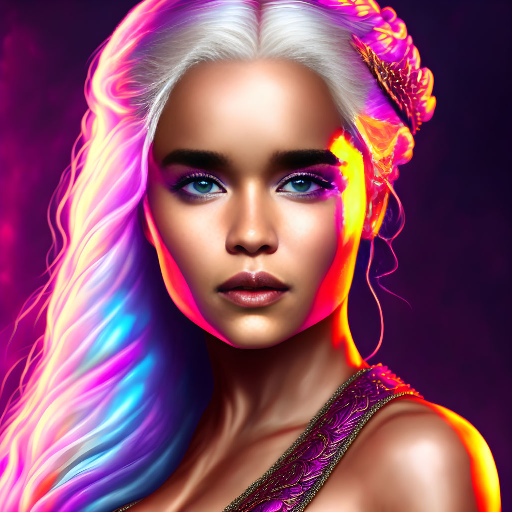 Digital art portrait of woman with multicolored glowing hair on purple backdrop, blue eyes, fantasy makeup
