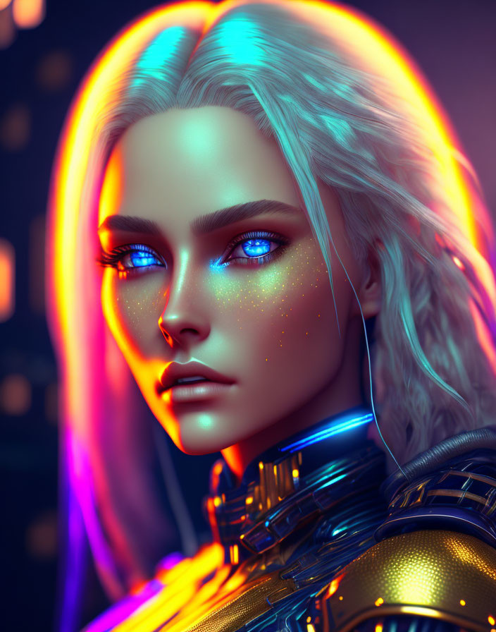 Female character digital portrait with blue eyes, white hair, neon lighting, futuristic armor