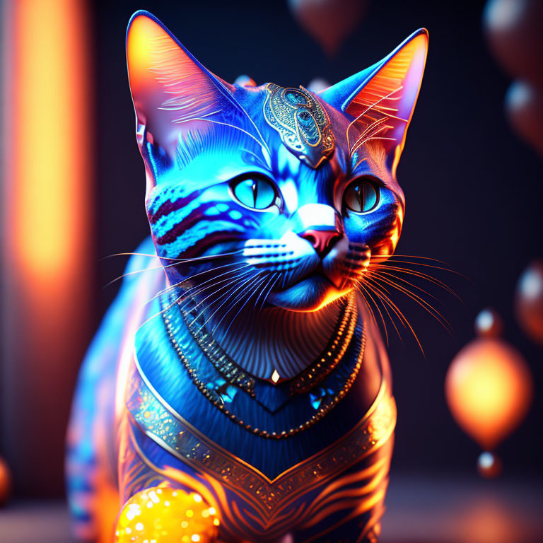 Metallic Blue Egyptian Cat with Traditional Accessories on Warm Background