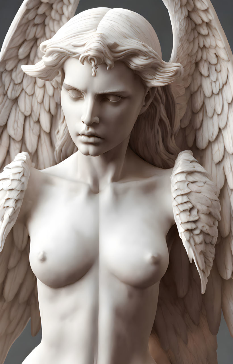 Detailed 3D rendering of angelic figure with large wings and serene expression