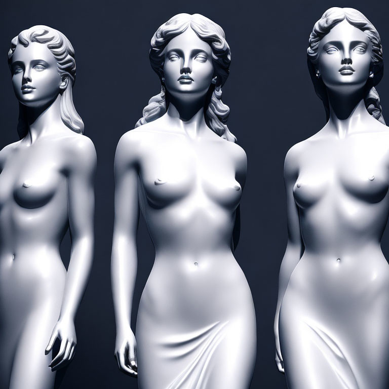 Classical female statues with varied expressions on dark backdrop