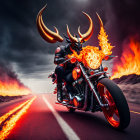 Demonic Costume Figure Riding Motorcycle Among Flames