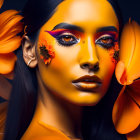 Vibrant orange flowers on woman's portrait with matching eye makeup