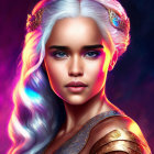 Digital art portrait of woman with multicolored glowing hair on purple backdrop, blue eyes, fantasy makeup