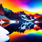 Colorful sunset reflected in mountain lake with snow-covered peaks & autumn foliage