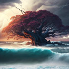Majestic tree with vibrant canopy against stormy skies and ocean waves
