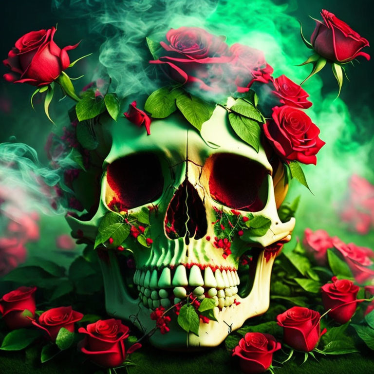 Skull with red roses and green smoke on dark background