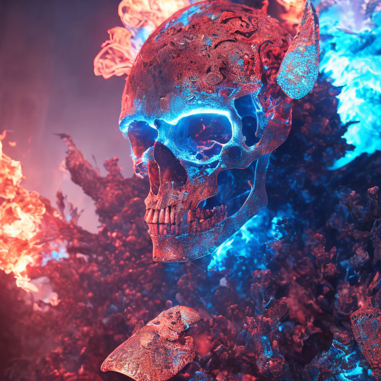 Intricate Textured Illuminated Skull in Vibrant Blue and Red Mist