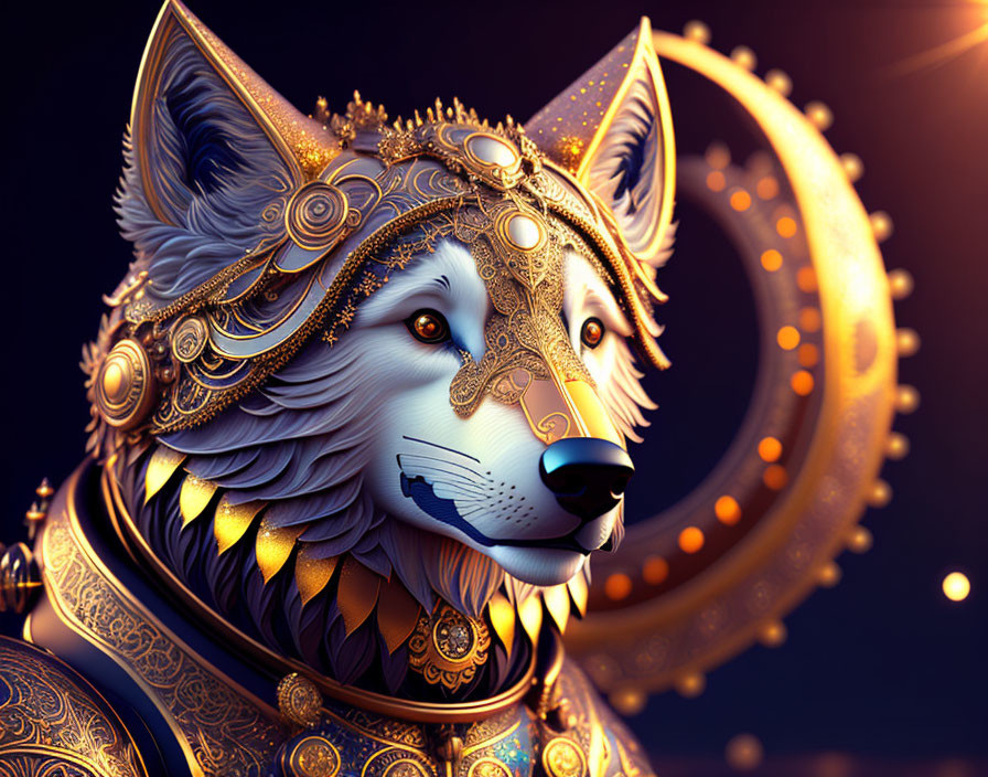 Golden Patterned Wolf in Armor Against Night Sky