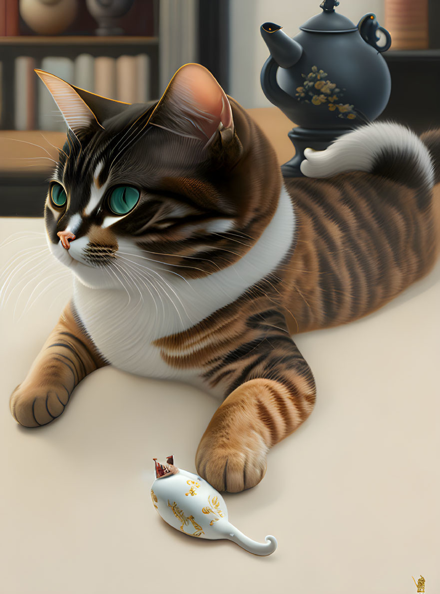 Tabby cat digital art with large eyes beside teapot and fish teacup