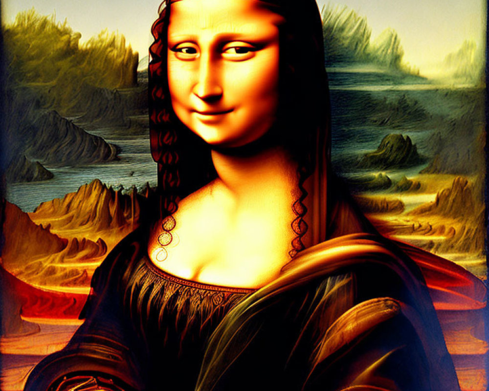 Vibrant Mona Lisa with Golden Surreal Overlay and Fantastical Landscapes