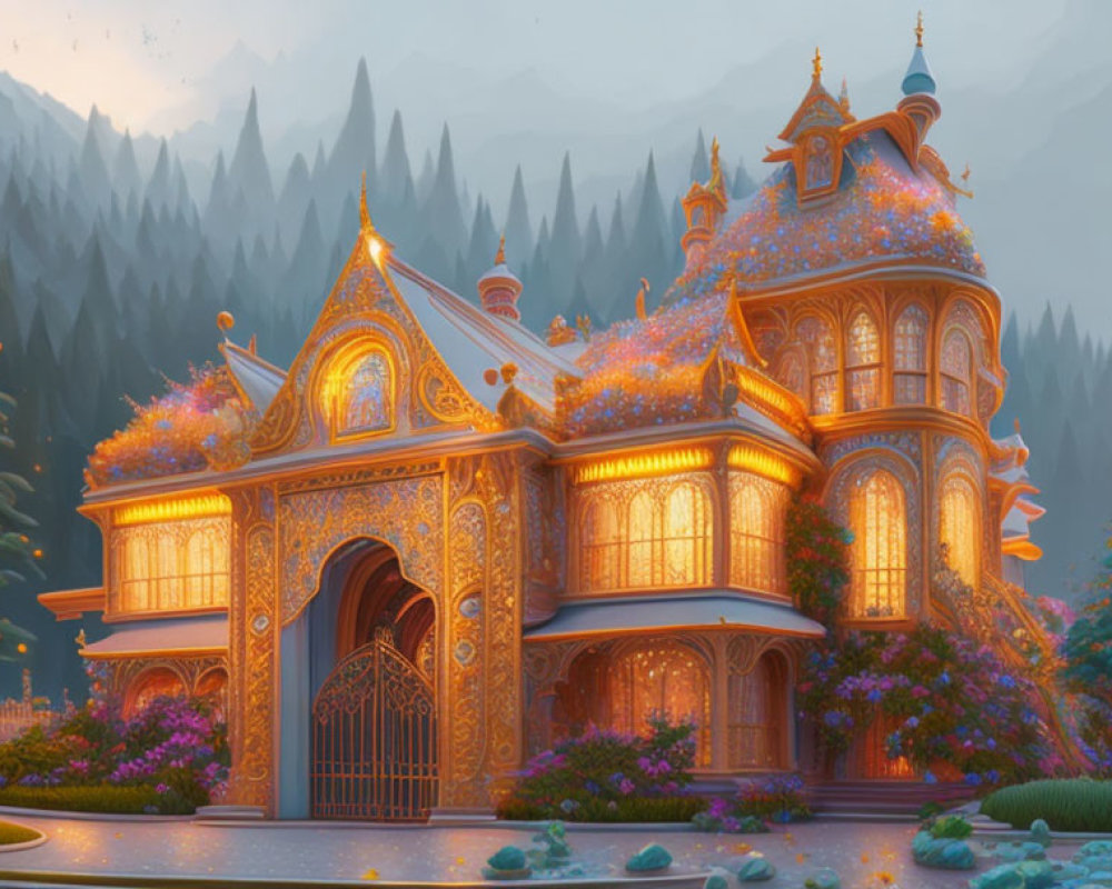 Ornate mansion in lush gardens with mountain backdrop at dusk