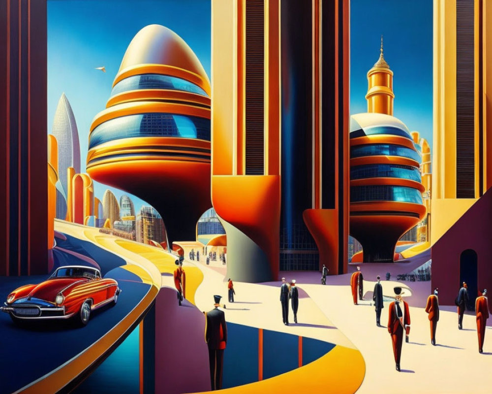 Retro-futuristic cityscape with vintage attire, classic cars, and flying ships