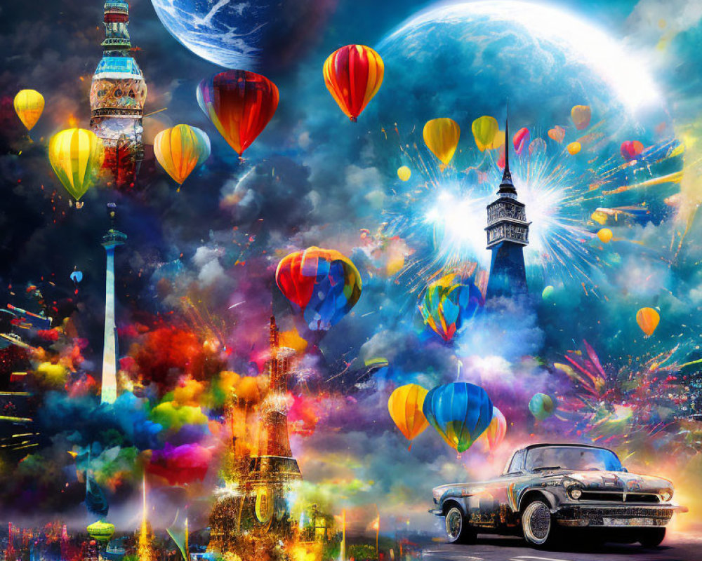 Colorful Surreal Collage of Hot Air Balloons, Landmarks, and Planets