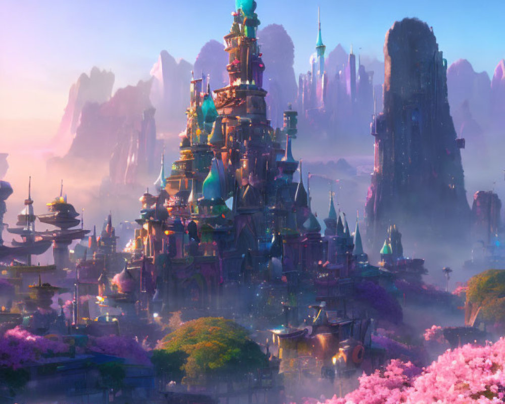 Majestic castle surrounded by pink flowers and misty rock formations