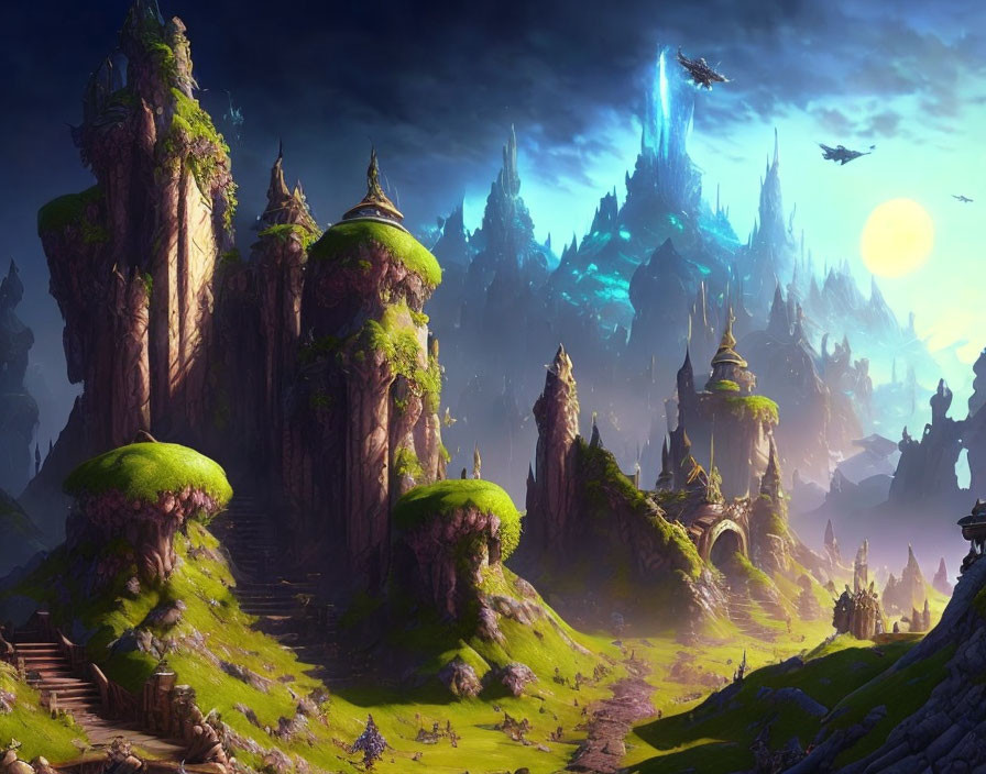 Majestic fantasy landscape with rock pillars, castles, greenery, and icy peak at twilight