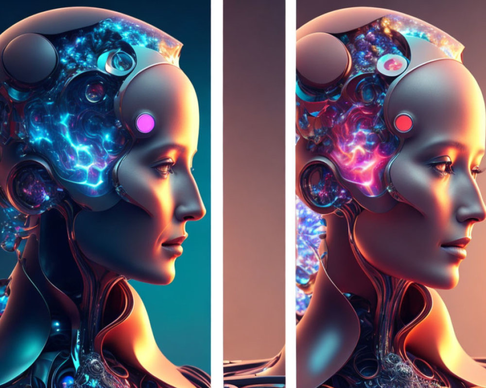 Female Android with Transparent Cranium Revealing Glowing Neural Networks