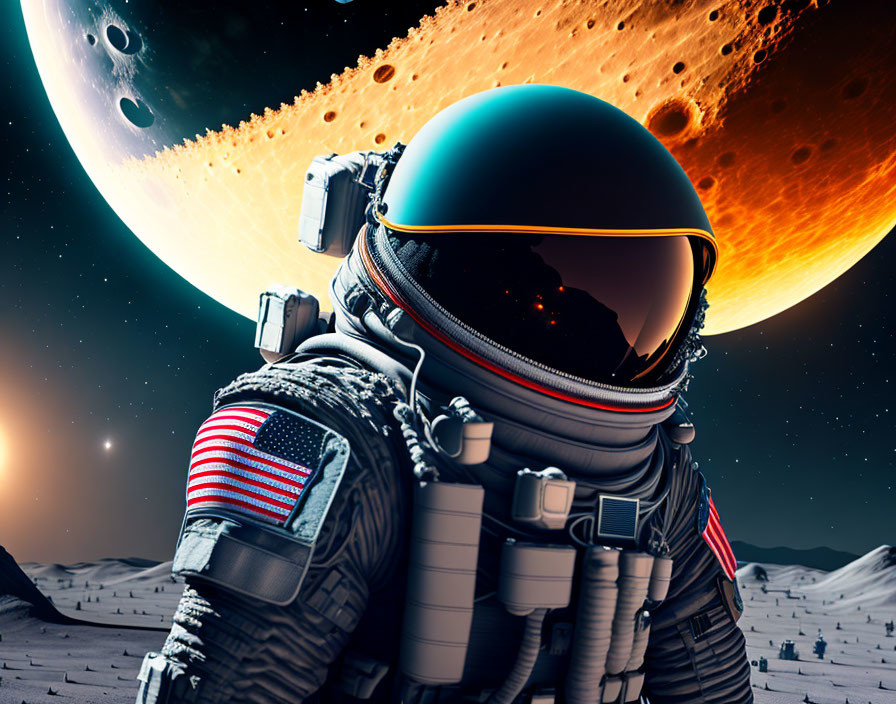 Astronaut in space suit on moonlike surface with planet and moon in background