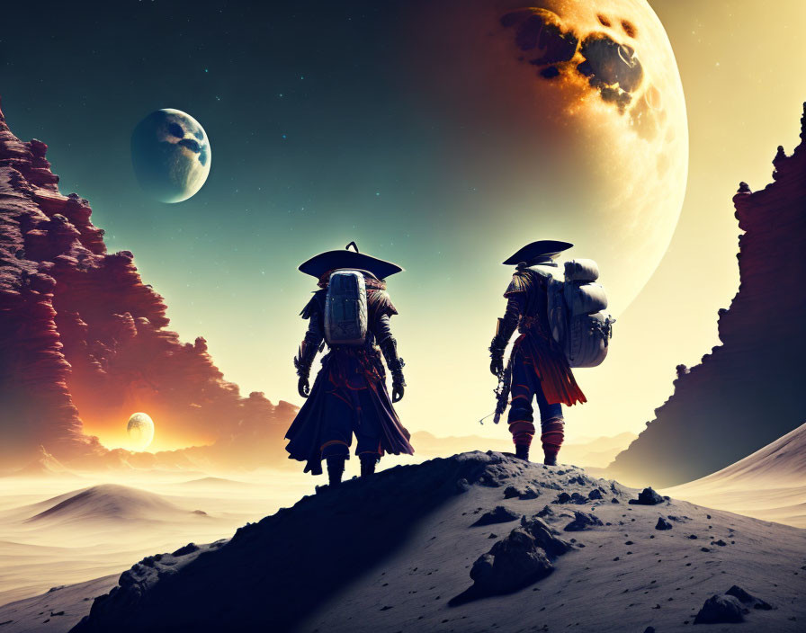 Historical figures in surreal extraterrestrial landscape with multiple planets.