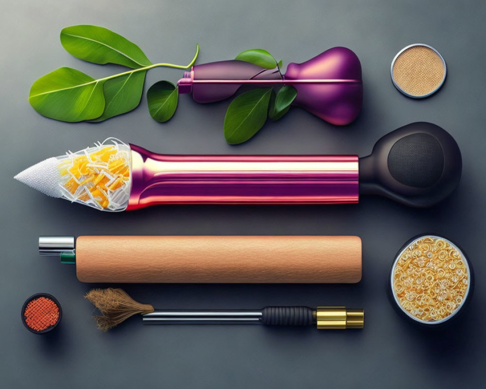 Kitchen utensils and fresh ingredients on gray background