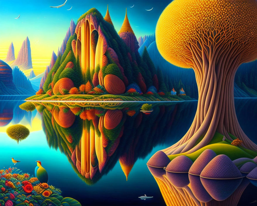 Colorful surreal landscape with reflective lake and huge tree