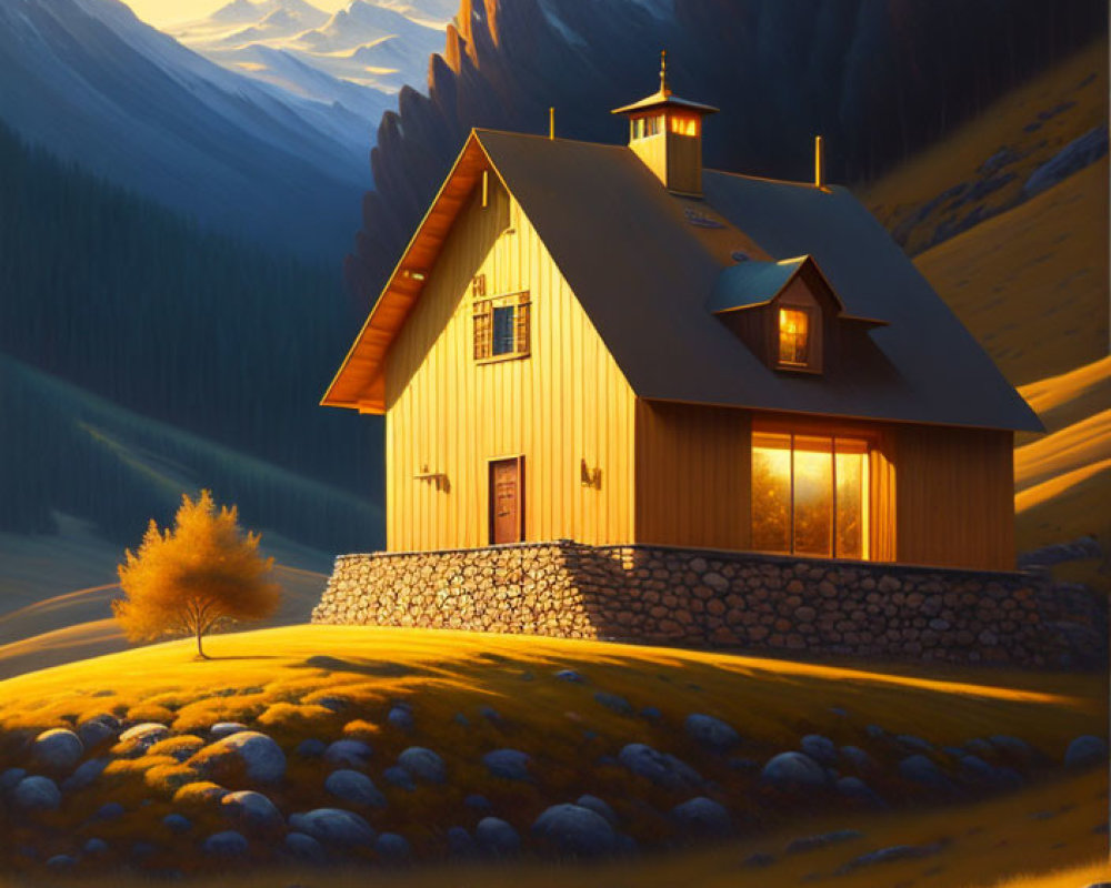 Cozy illuminated cabin in serene autumn landscape