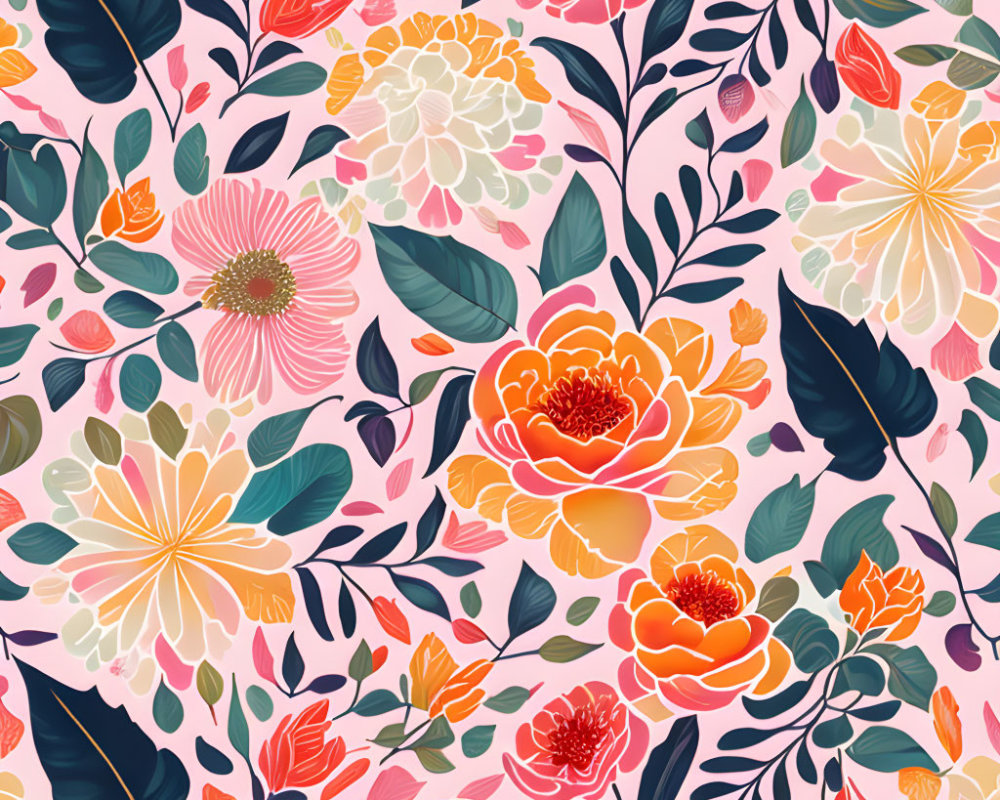 Colorful Floral Pattern on Pink Background with Stylized Flowers
