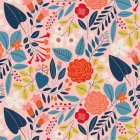 Colorful Floral Pattern on Pink Background with Stylized Flowers
