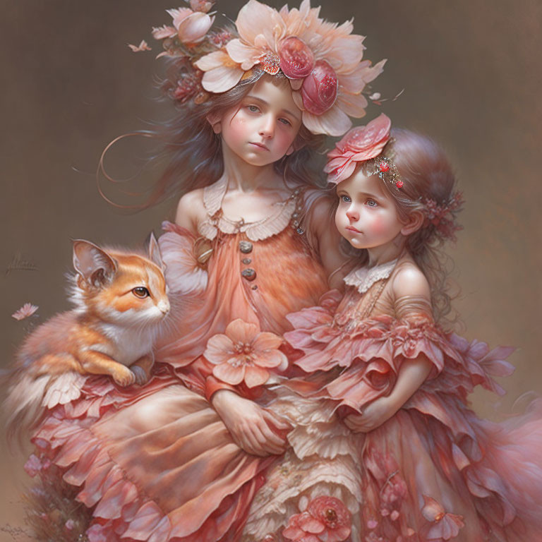 Ornate Floral Dresses Girls with Fox Cub in Ethereal Setting