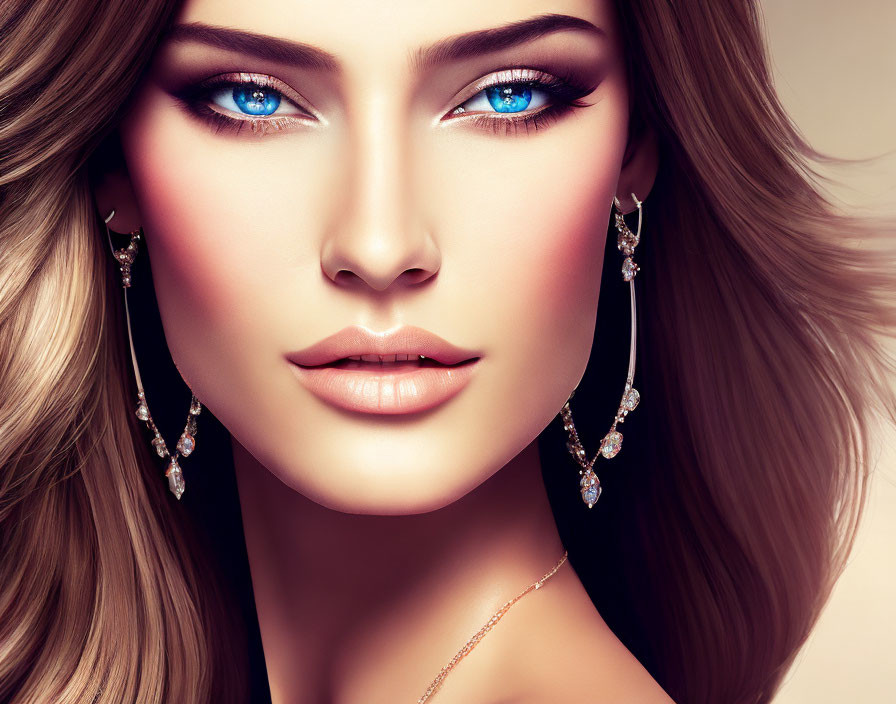 Portrait of Woman with Striking Blue Eyes and Elegant Jewelry