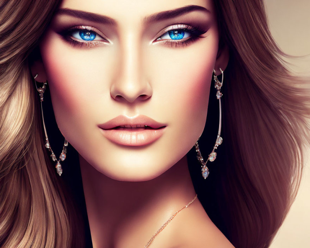 Portrait of Woman with Striking Blue Eyes and Elegant Jewelry