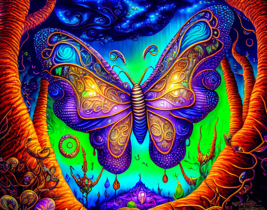 Colorful Psychedelic Butterfly Artwork with Intricate Patterns and Magical Flora