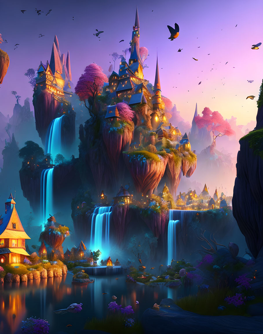 Fantasy magical village with beautiful waterfall