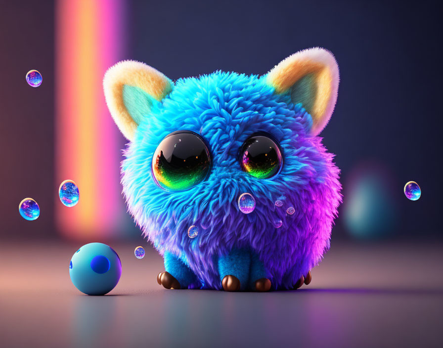 Colorful Fluffy Blue Fantasy Creature Surrounded by Bubbles