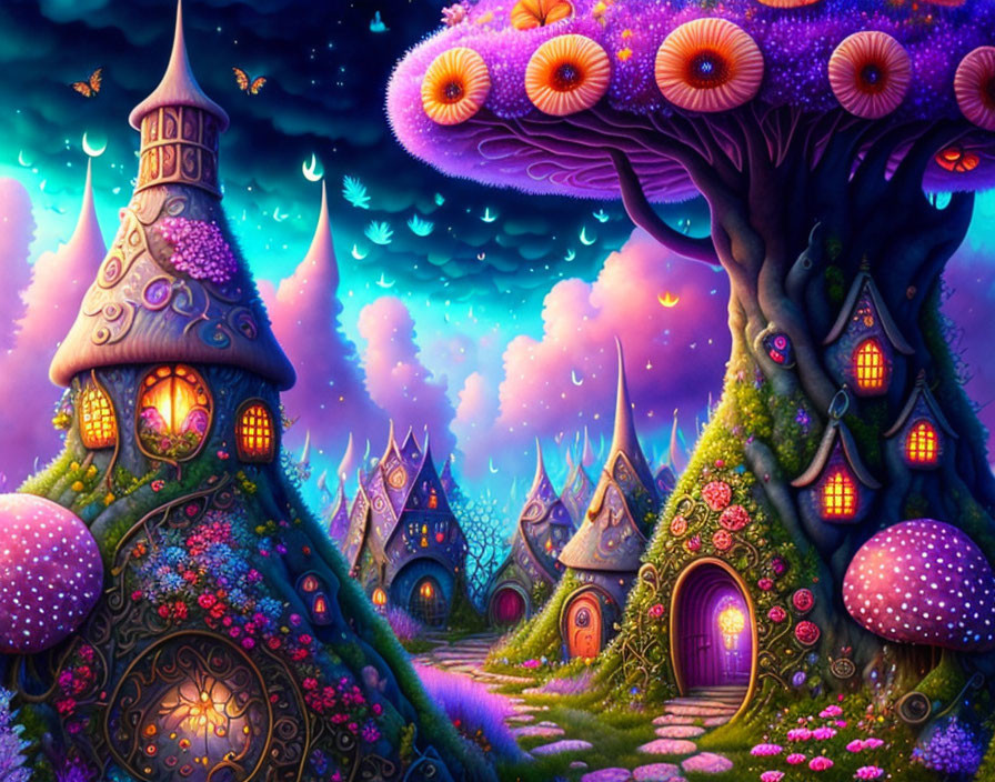 Fantasy landscape with whimsical mushroom houses and starry sky