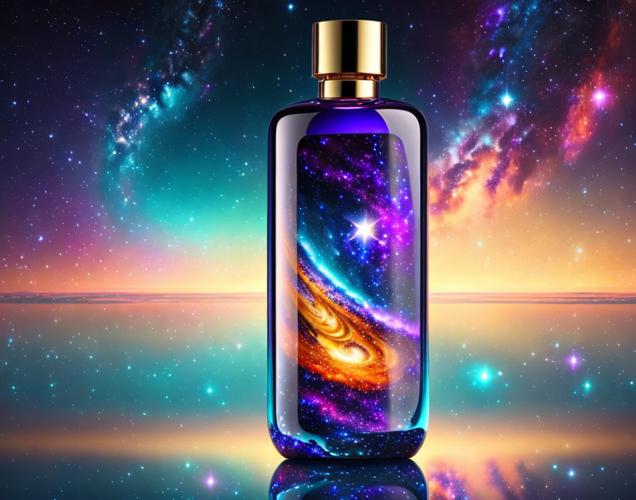 Perfume bottle with galaxy design on cosmic background