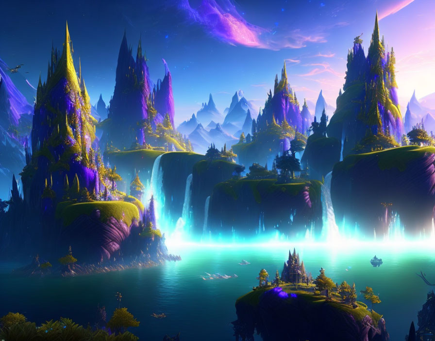Glowing trees and floating islands in a mystical landscape