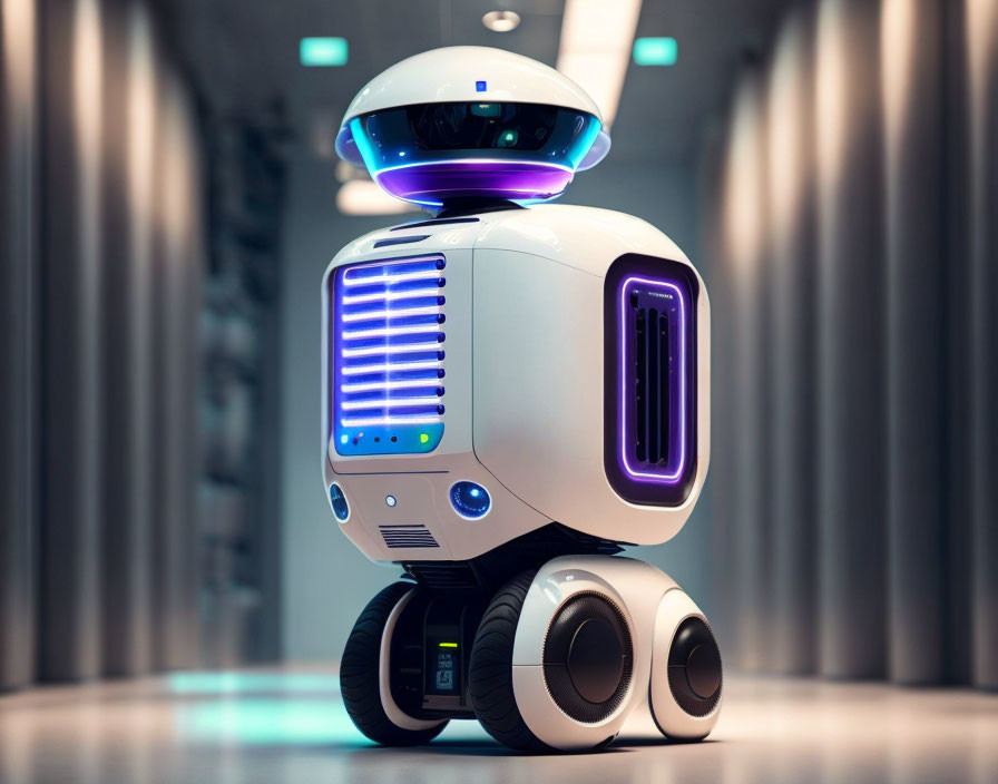 Futuristic white robot with blue and purple illuminated features in softly lit corridor