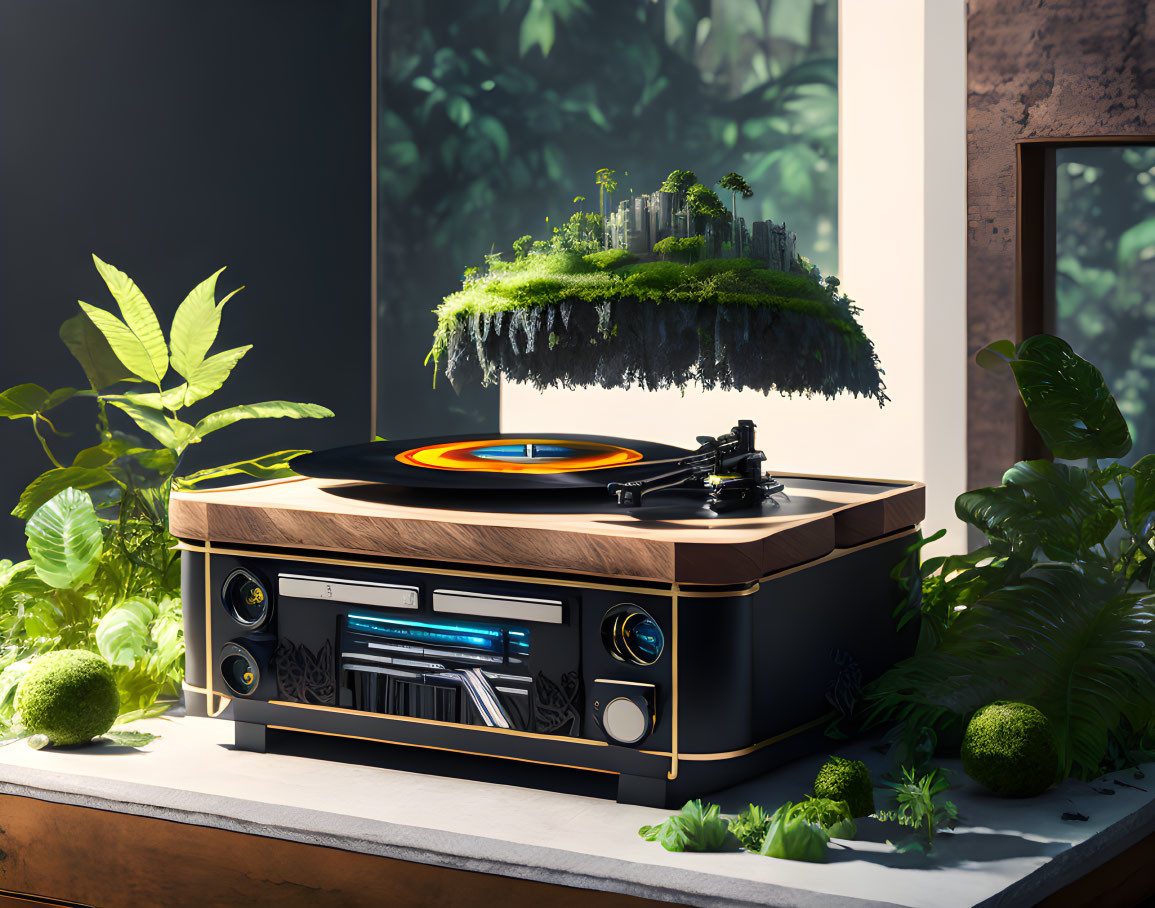 Modern Record Player with Floating Green Island and Waterfall on Vinyl Record