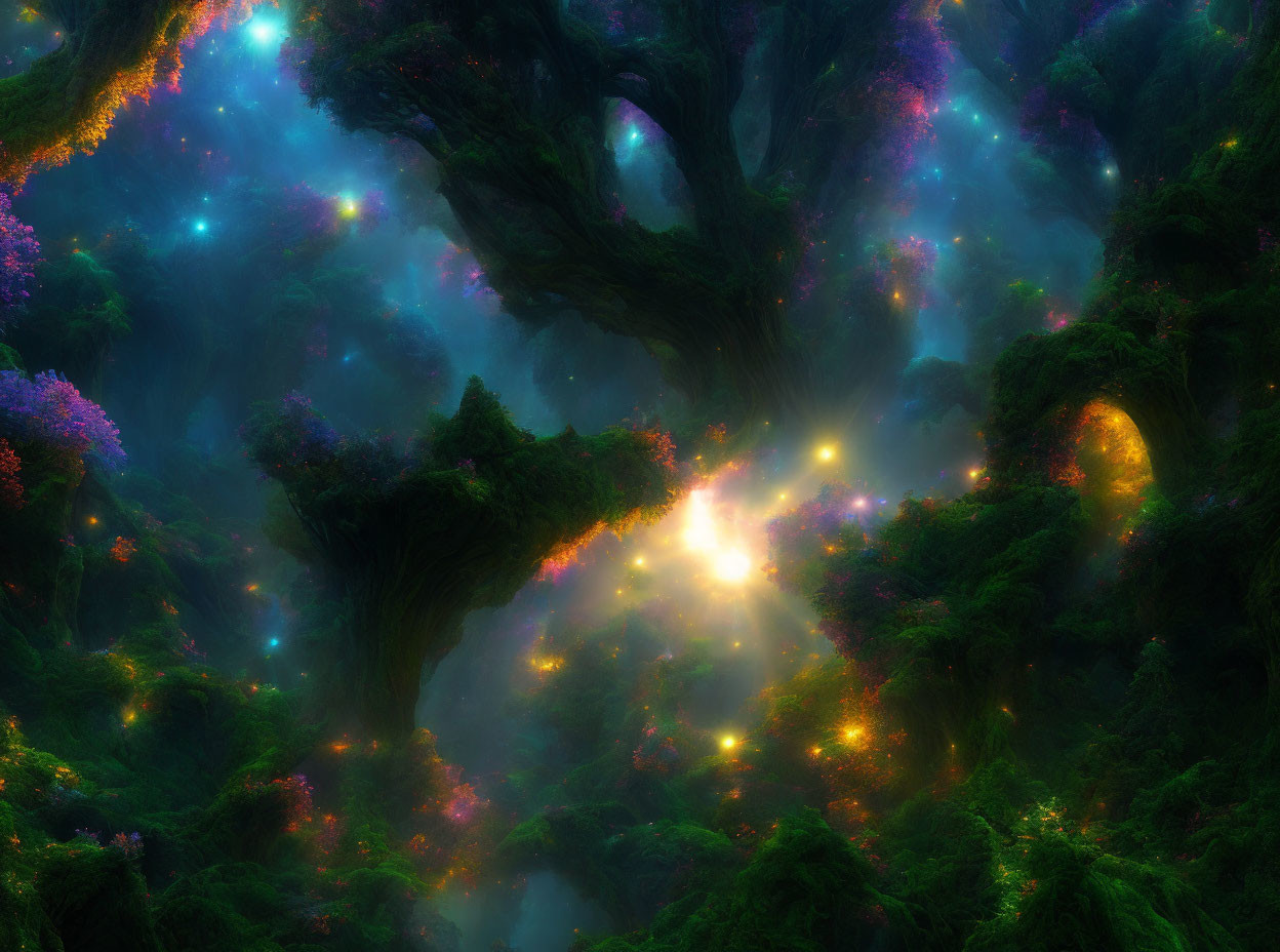 Ethereal forest scene with luminescent colors and mystical tree formations