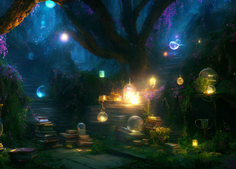 Enchanting forest scene at night with glowing orbs, lanterns, candles, books, and iv