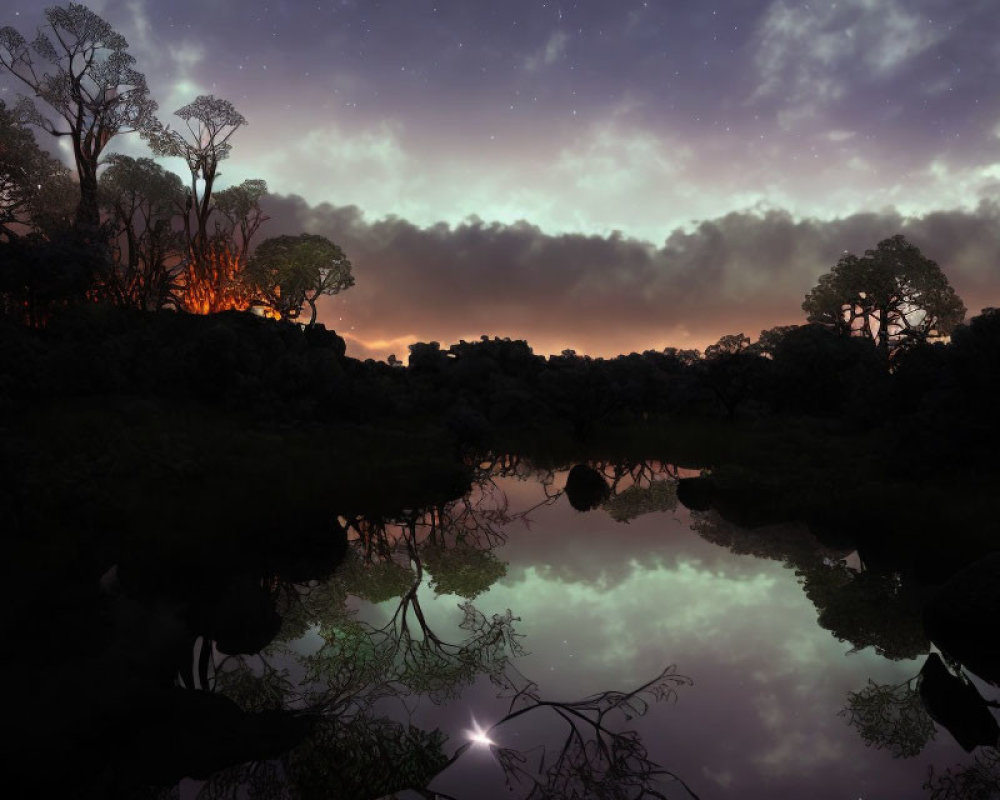 Tranquil nightscape with starlit sky, reflective pond, silhouetted trees, and
