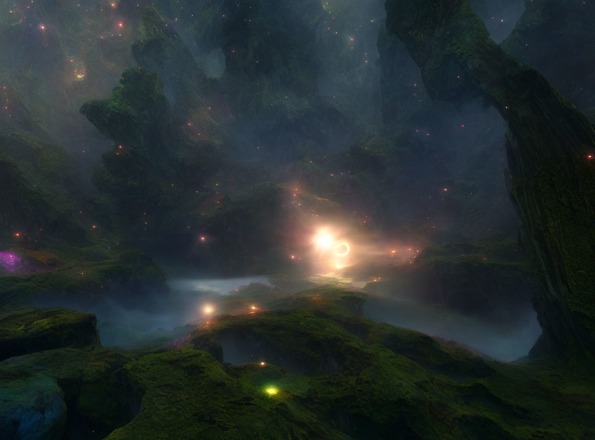 Enchanting forest landscape with moss-covered rocks and celestial glow
