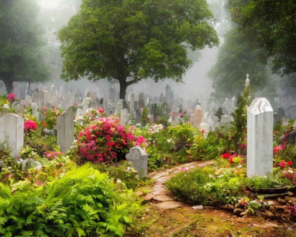 Misty Cemetery with Flowers and Tombstones