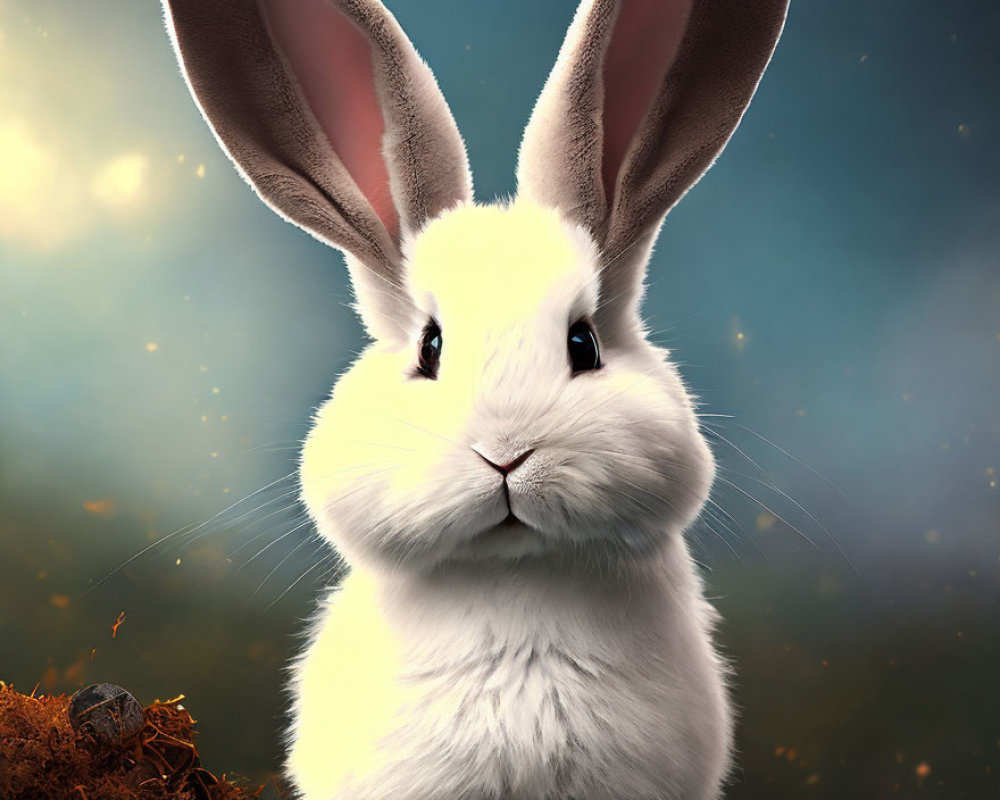 Realistic white rabbit illustration on dreamy blue background