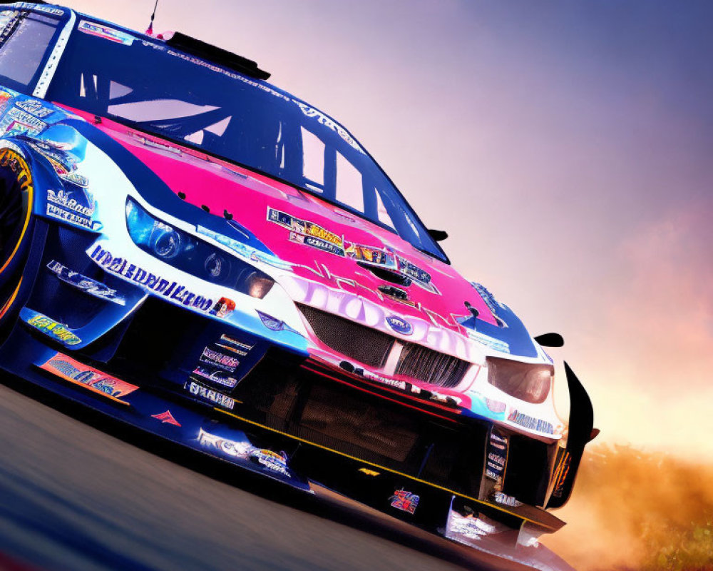 Vibrant blue and pink race car speeding with motion blur